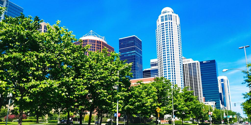 Charlotte skyline with bright, modern office buildings