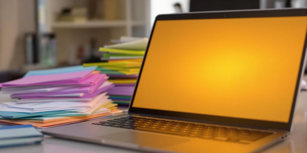 Laptop with colorful documents