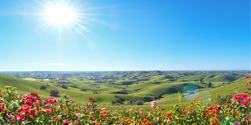 Rolling hills, vibrant wildflowers, and a clear blue sky