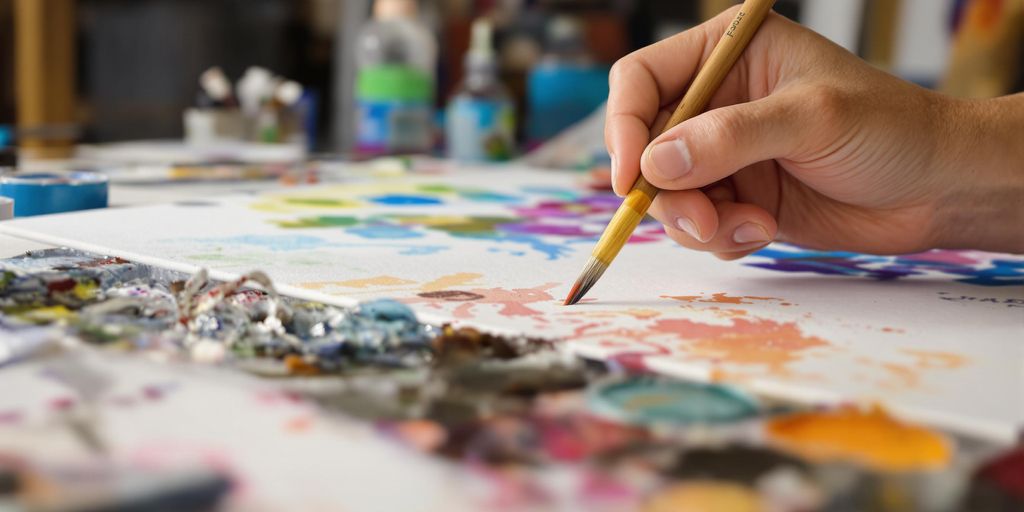 Artist's hands painting on a canvas
