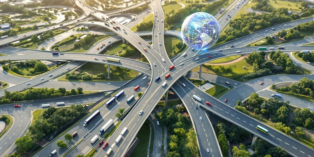 Roads converging, tiny vehicles, and a globe.