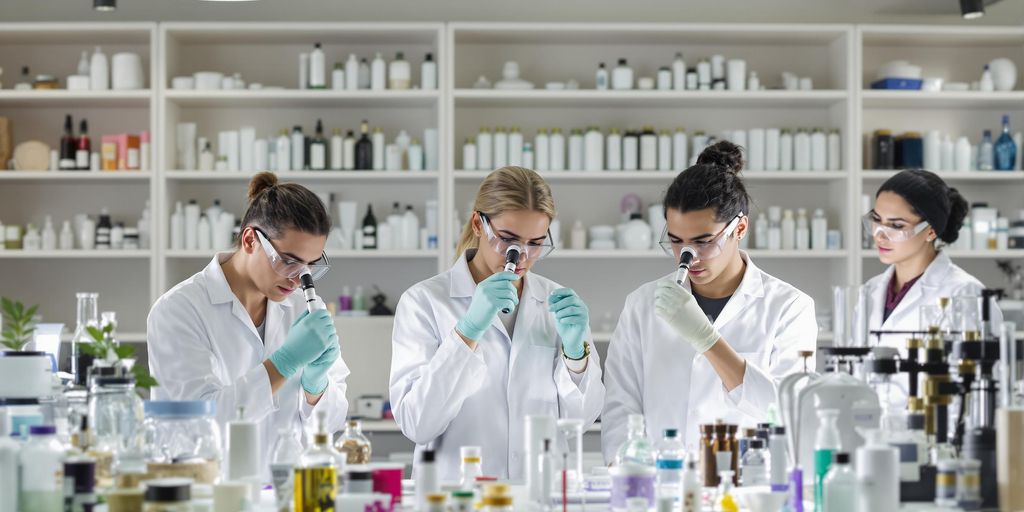 Diverse group of people in lab coats examining beauty products.