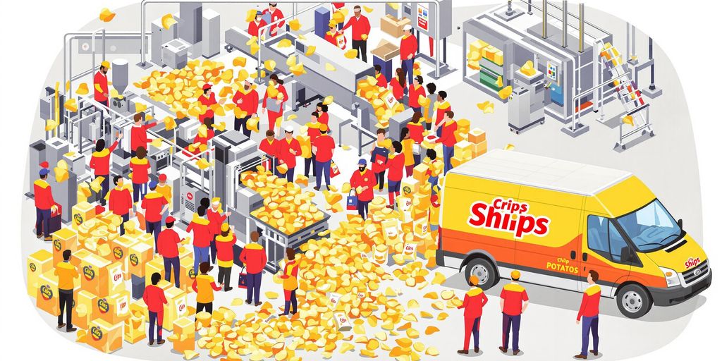 Diverse Frito-Lay employees around chip production line and delivery van.