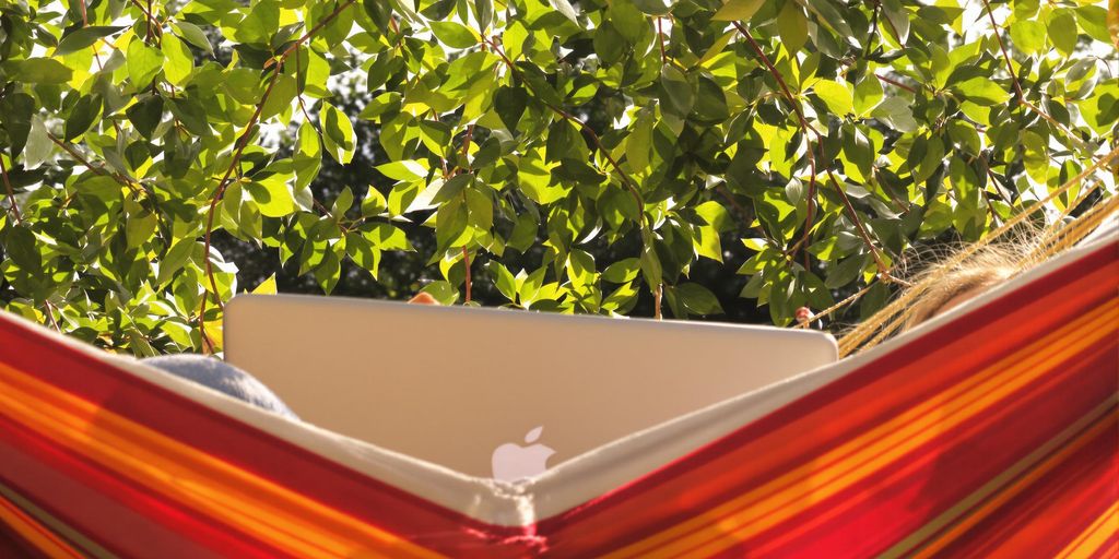 Person relaxing on hammock with laptop.
