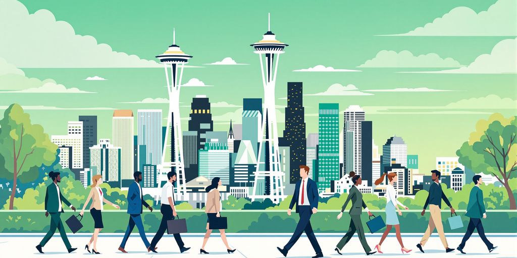 Seattle skyline, job seekers