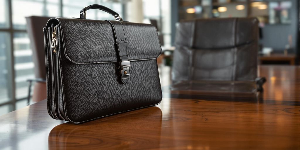Briefcase on a polished desk.