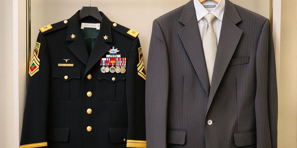 Military uniform next to business suit.