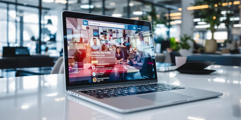 Laptop with professional, glowing LinkedIn profile open.