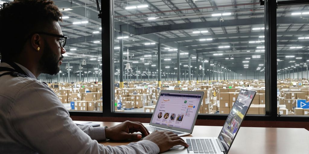 Person typing on laptop, warehouse in background.