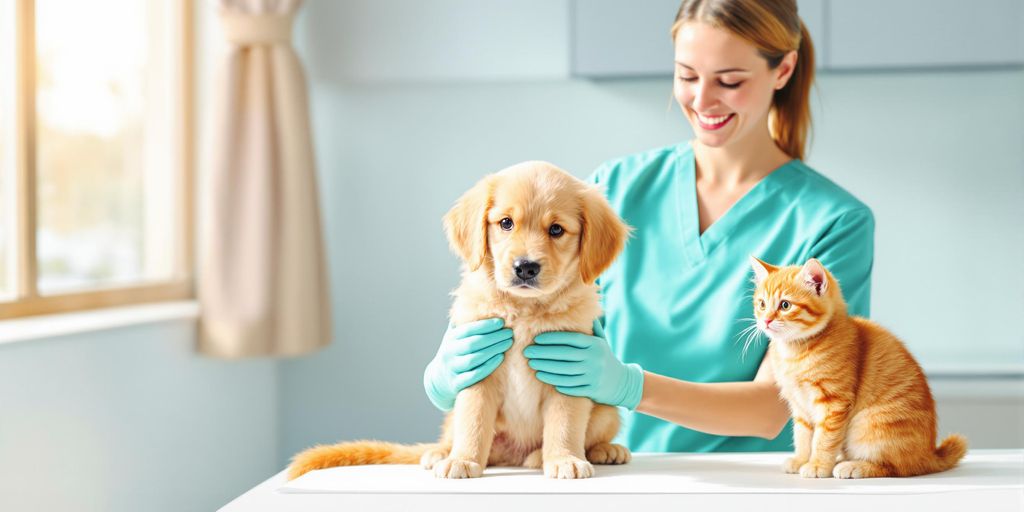 Veterinarian in teal scrubs examining puppy while kitten sits nearby.