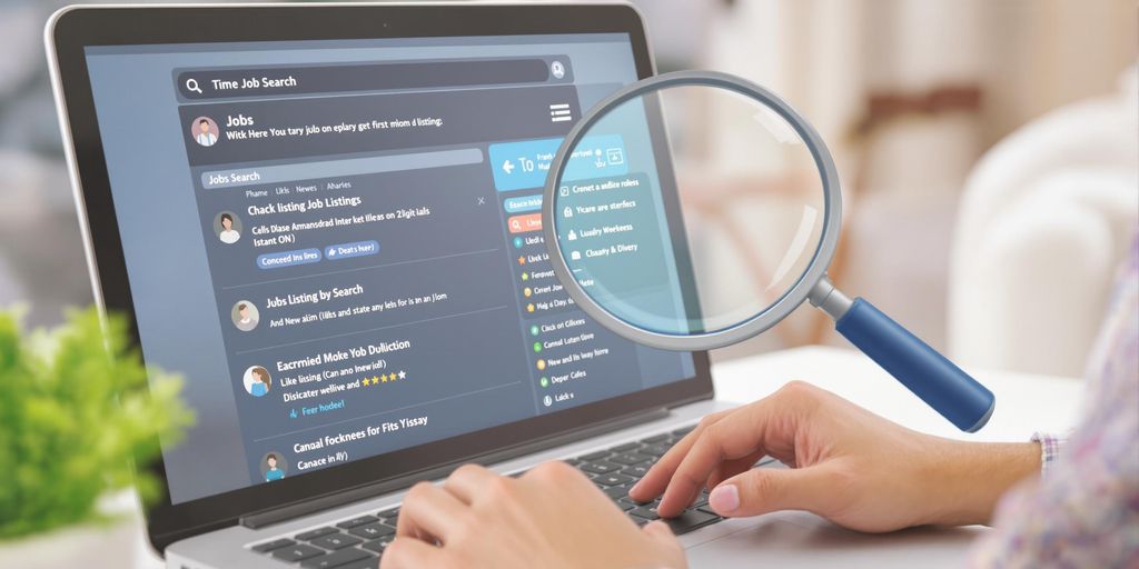 Person searching jobs on laptop with magnifying glass.