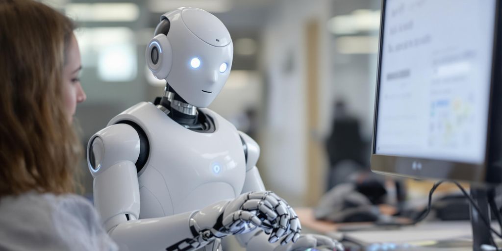 Robot helping person with job applications.