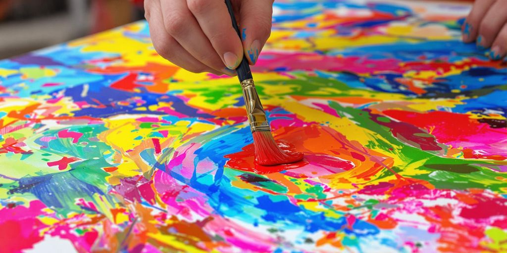Artist painting vibrant colors on canvas.