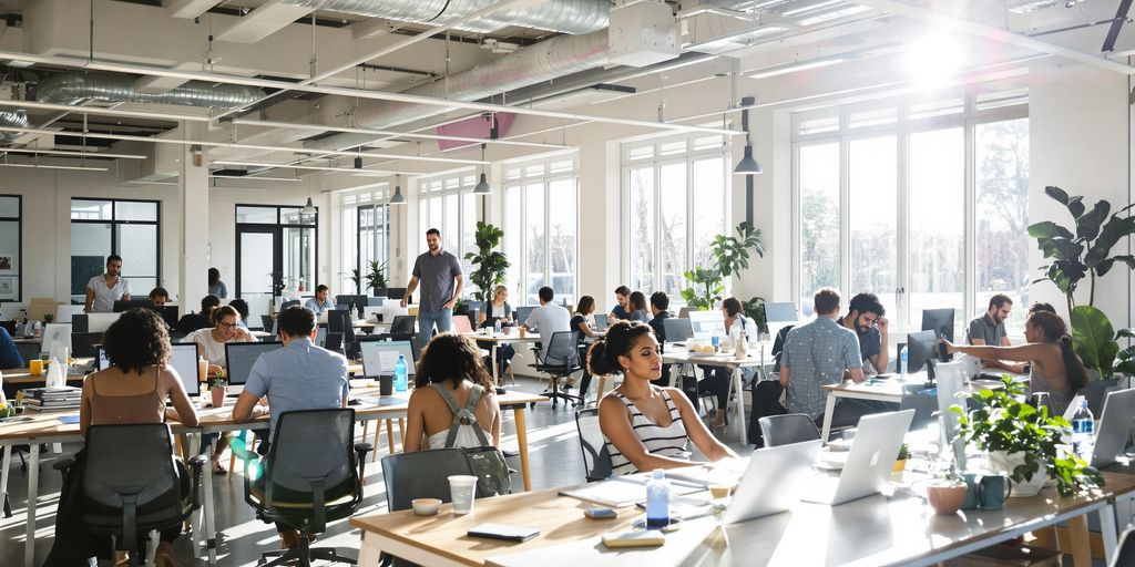 Diverse adults working collaboratively in modern office.