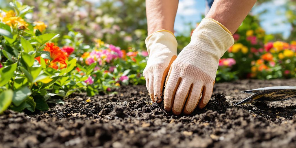 Landscaper plants flowers in vibrant garden.