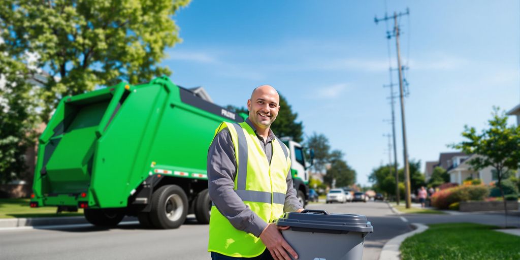 A sanitation worker smiling next to a modern garbage truck.