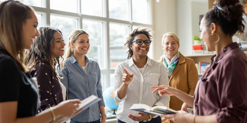 Diverse teachers collaborating in a modern classroom.