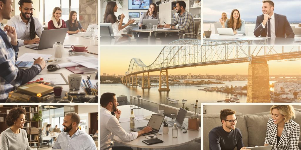 Diverse professionals in Sacramento working, golden hour light.