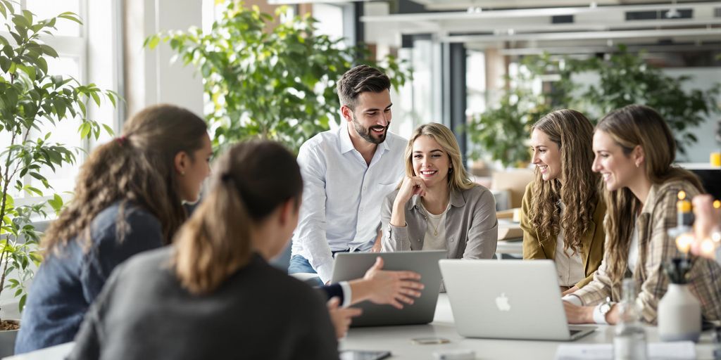 Diverse group collaborating in a modern, sunlit office.