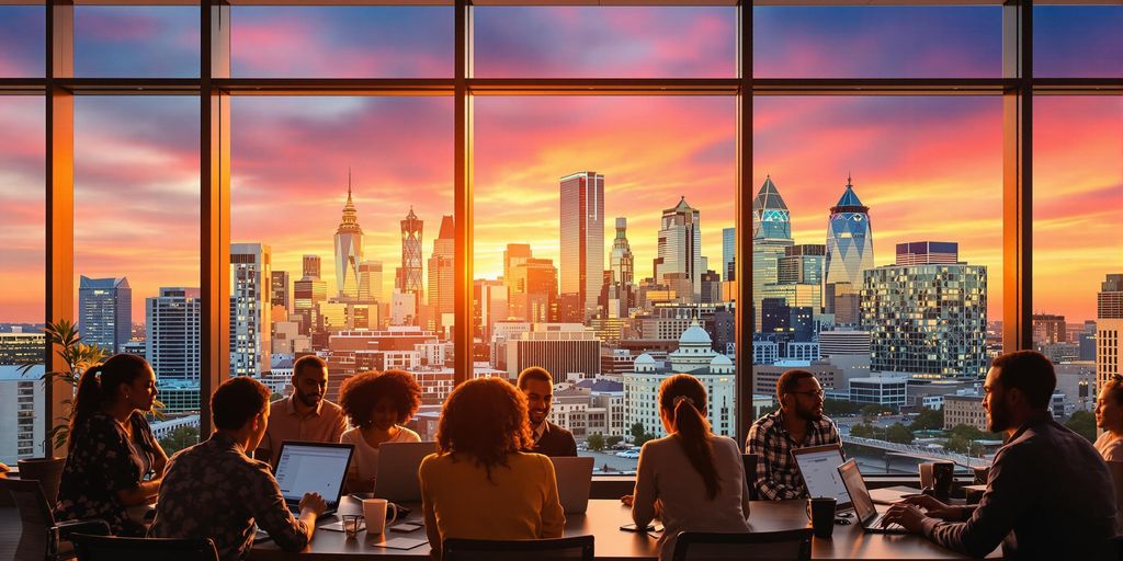 Jersey City skyline with diverse people working.