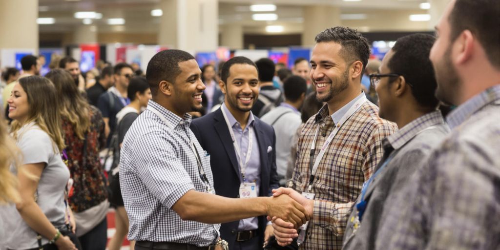 Diverse people networking at a San Antonio job fair.