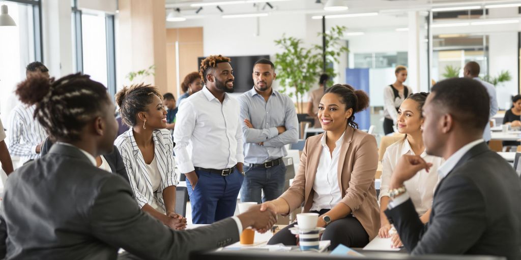 Diverse people interviewing for video game jobs.
