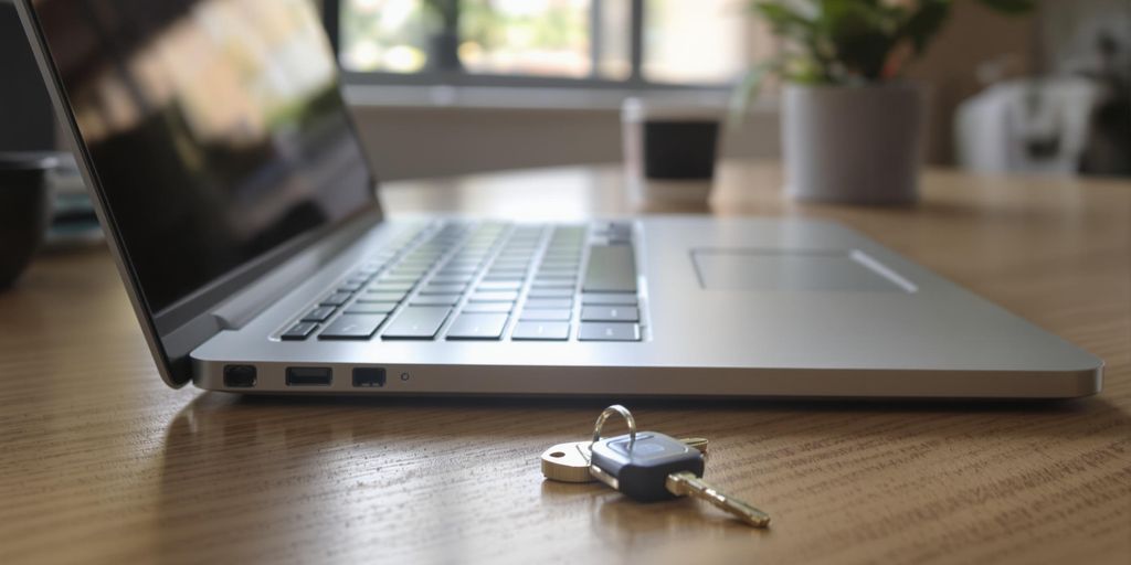 Laptop on desk with house key.