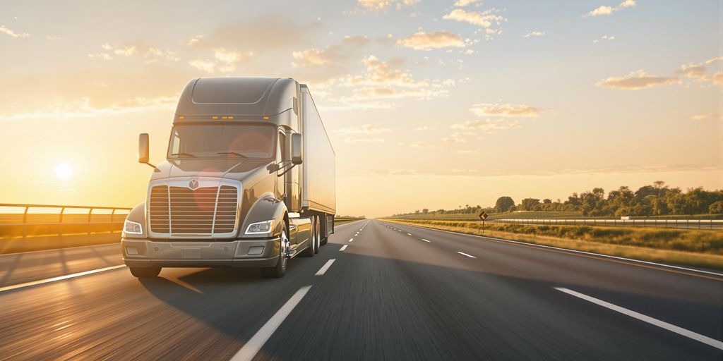 A modern semi-truck on an open highway at sunrise.
