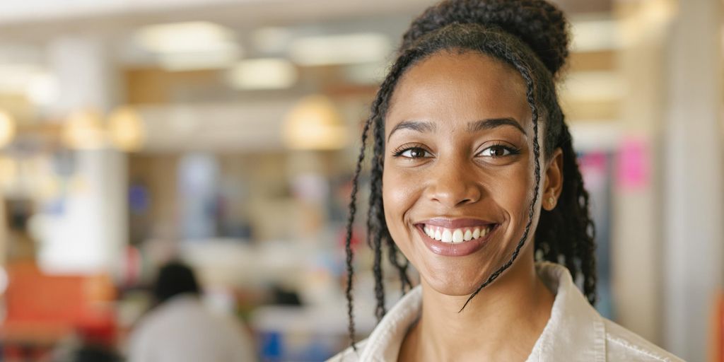 Person smiling, holding a "Hired!" sign.