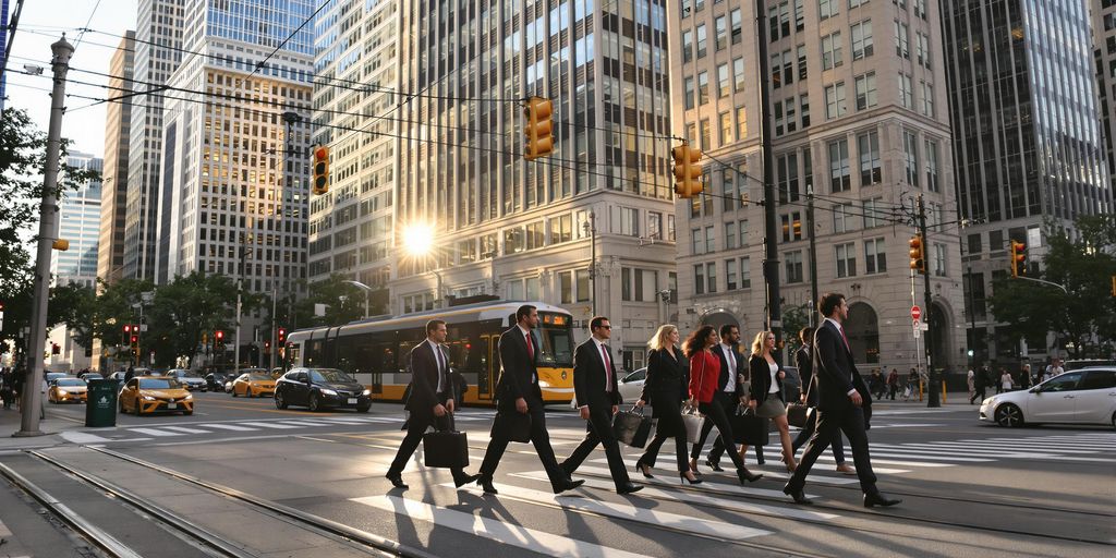 Diverse professionals cross a Chicago street at sunrise with briefcases.