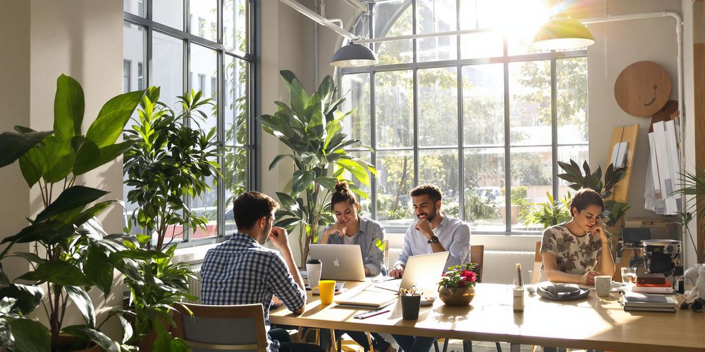 Diverse professionals collaborating in a modern small company office.