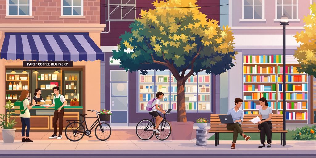 Diverse young part-time workers outdoors: barista, cyclist, student, bookstore clerk