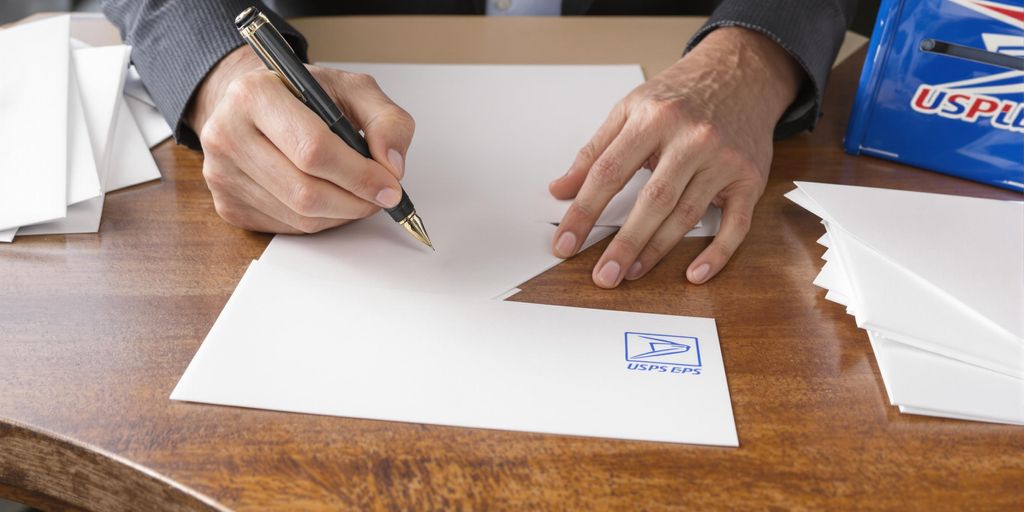 Person’s hands writing a USPS envelope with pen on desk