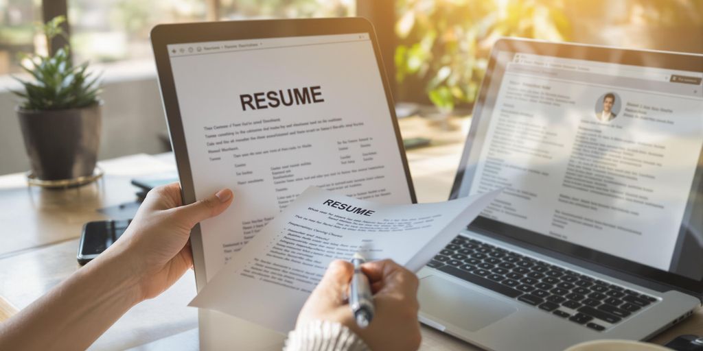 Hands holding resume page next to laptop and coffee cup.