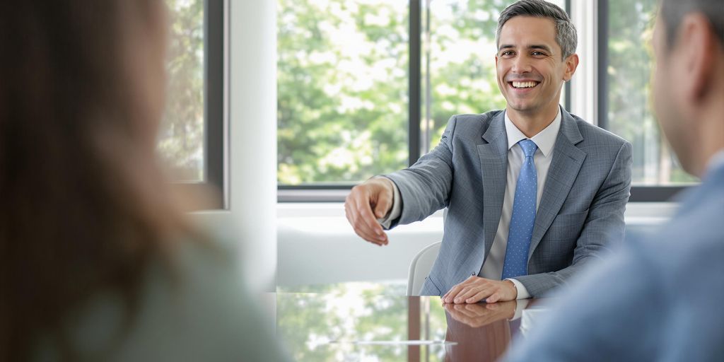 Smiling salesperson shakes client's hand, closing a deal.