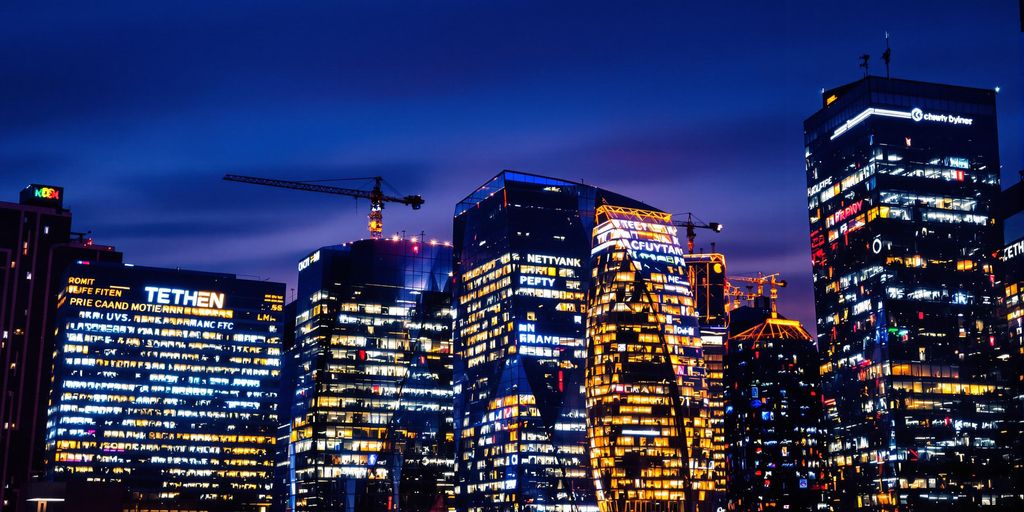City skyline with glowing tech buildings at dusk