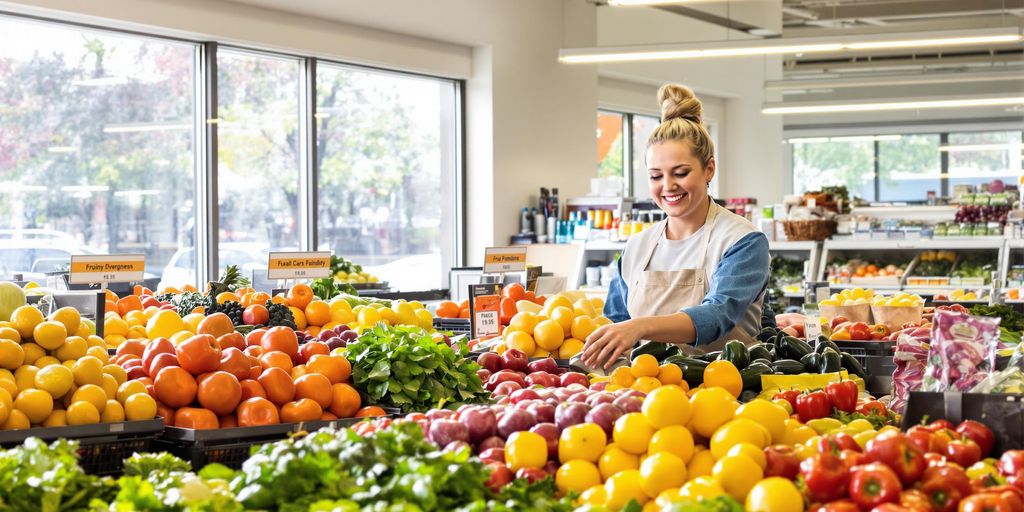 Grocery clerk smiling, stocking colorful produce.