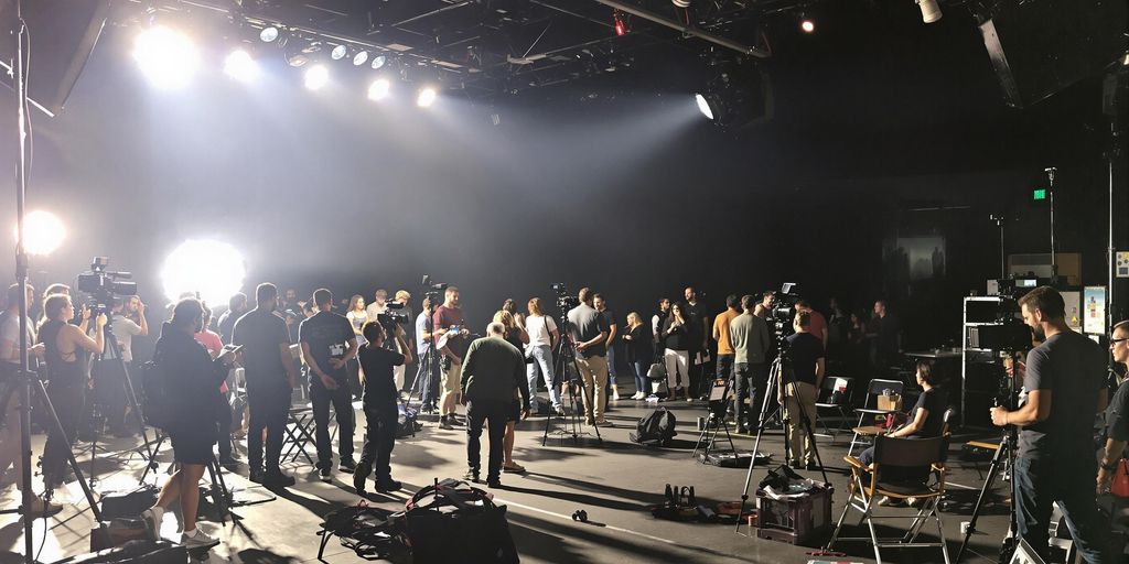 Movie set with people filming a scene.