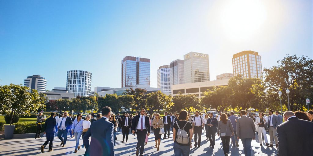 Sacramento skyline, vibrant, sunny day, professional people.