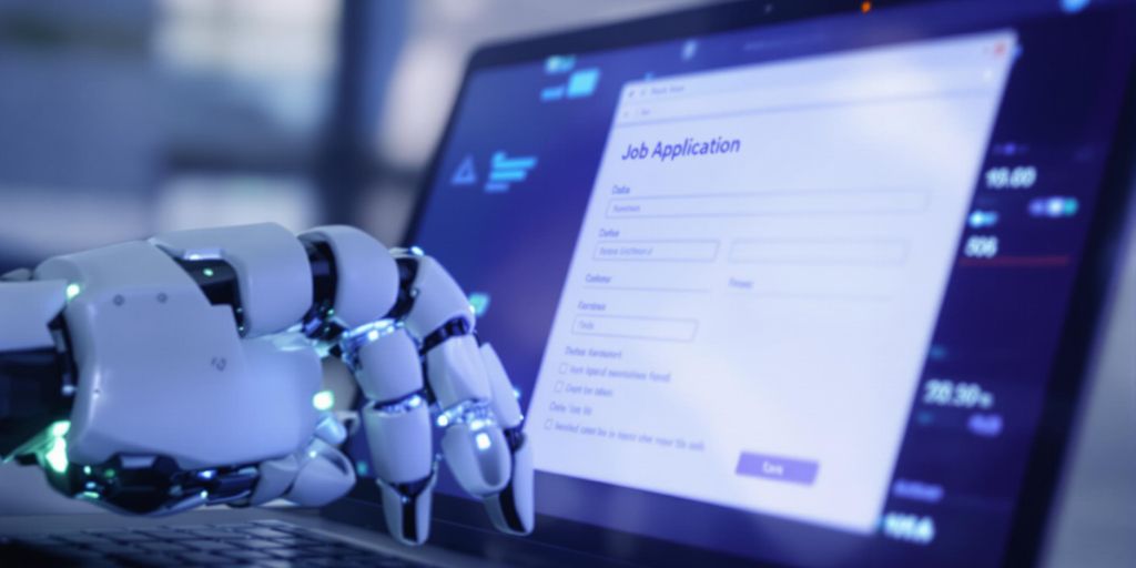 Robot hand filling out job application form.