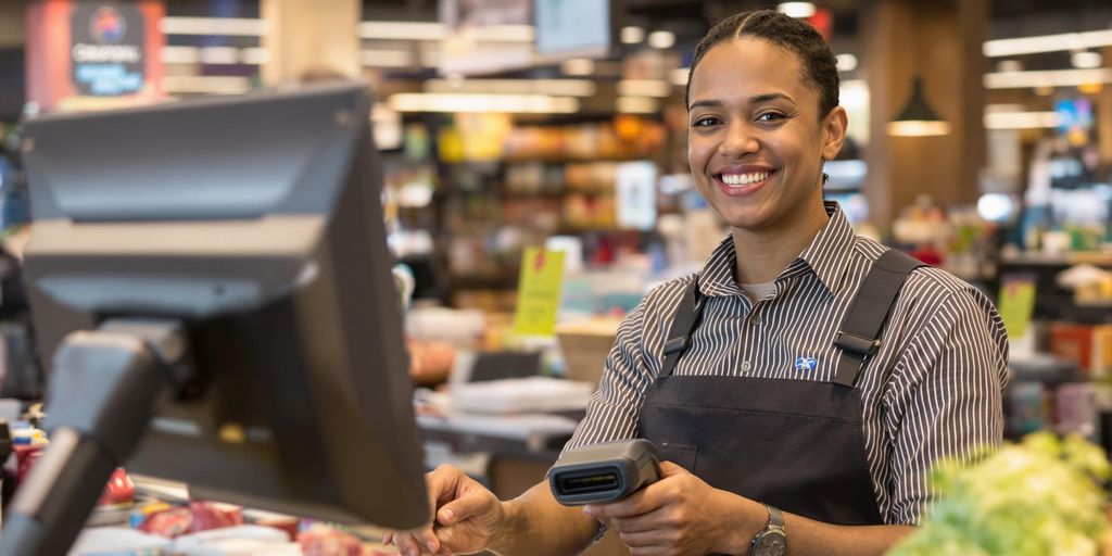 Cashier at modern checkout counter smiling.