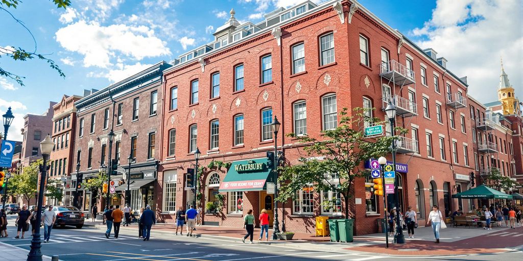 Busy people walking through Waterbury downtown