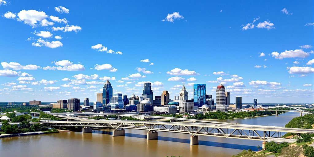 Little Rock skyline, Arkansas River, bridges, sunny sky.