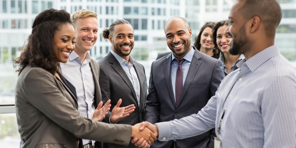 Michigan professionals networking, celebrating new jobs.