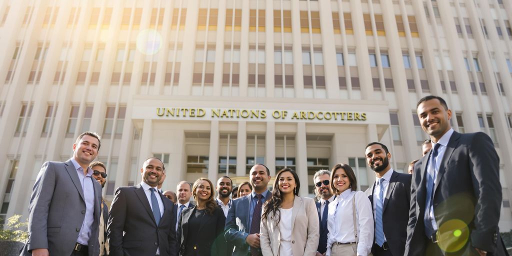 UN building with diverse professionals