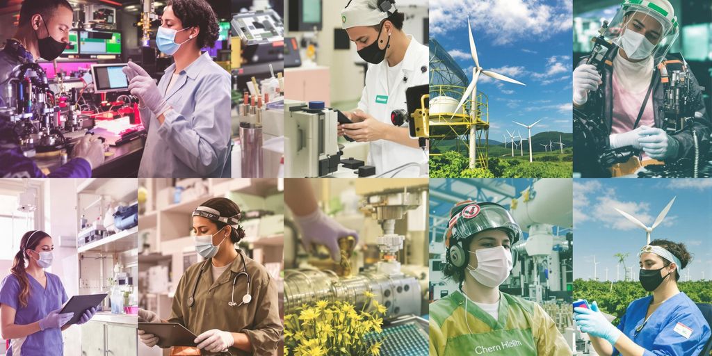 People working in futuristic tech and healthcare roles.