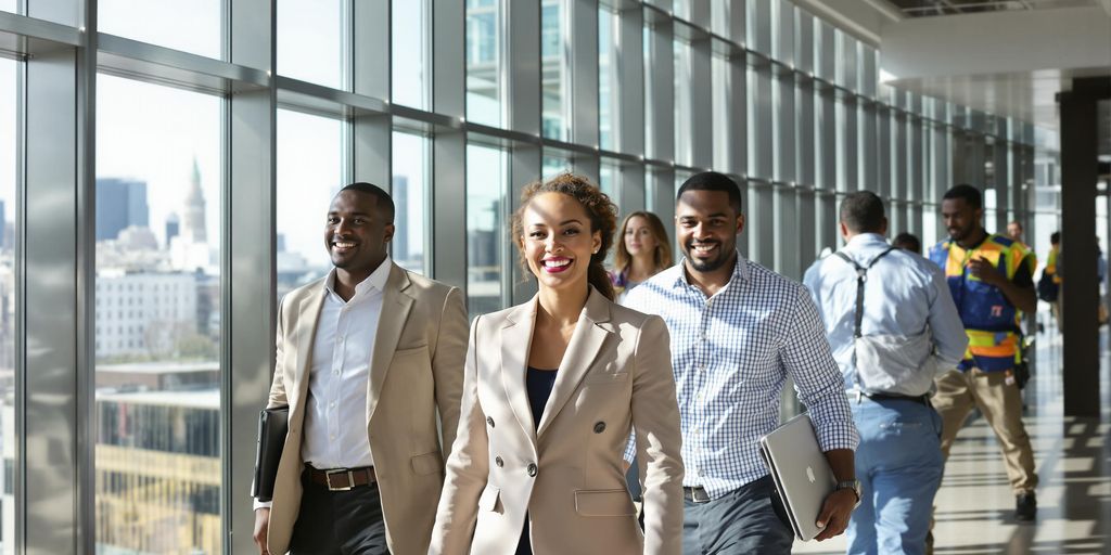 Group of professionals in office lobby with city skyline view