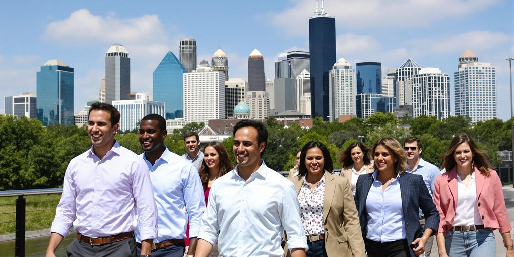 Dallas skyline with diverse professionals smiling, walking confidently.