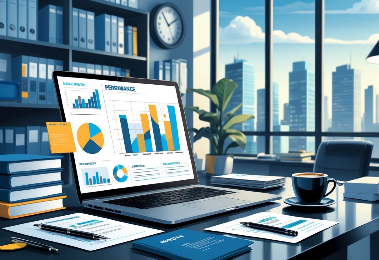 7 Banking Resume Examples & Guide for 2025: Stand Out in Financial Job Applications 1 A modern office workspace with a laptop showing financial charts, documents on a desk, and a city skyline visible through a large window.