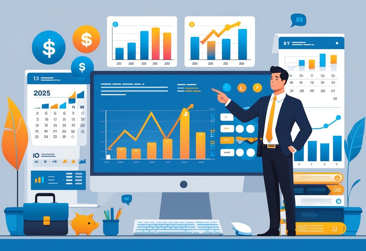 7 Banking Resume Examples & Guide for 2025: Stand Out in Financial Job Applications 4 A business professional pointing at a computer screen displaying colorful charts and graphs in a modern banking office setting.